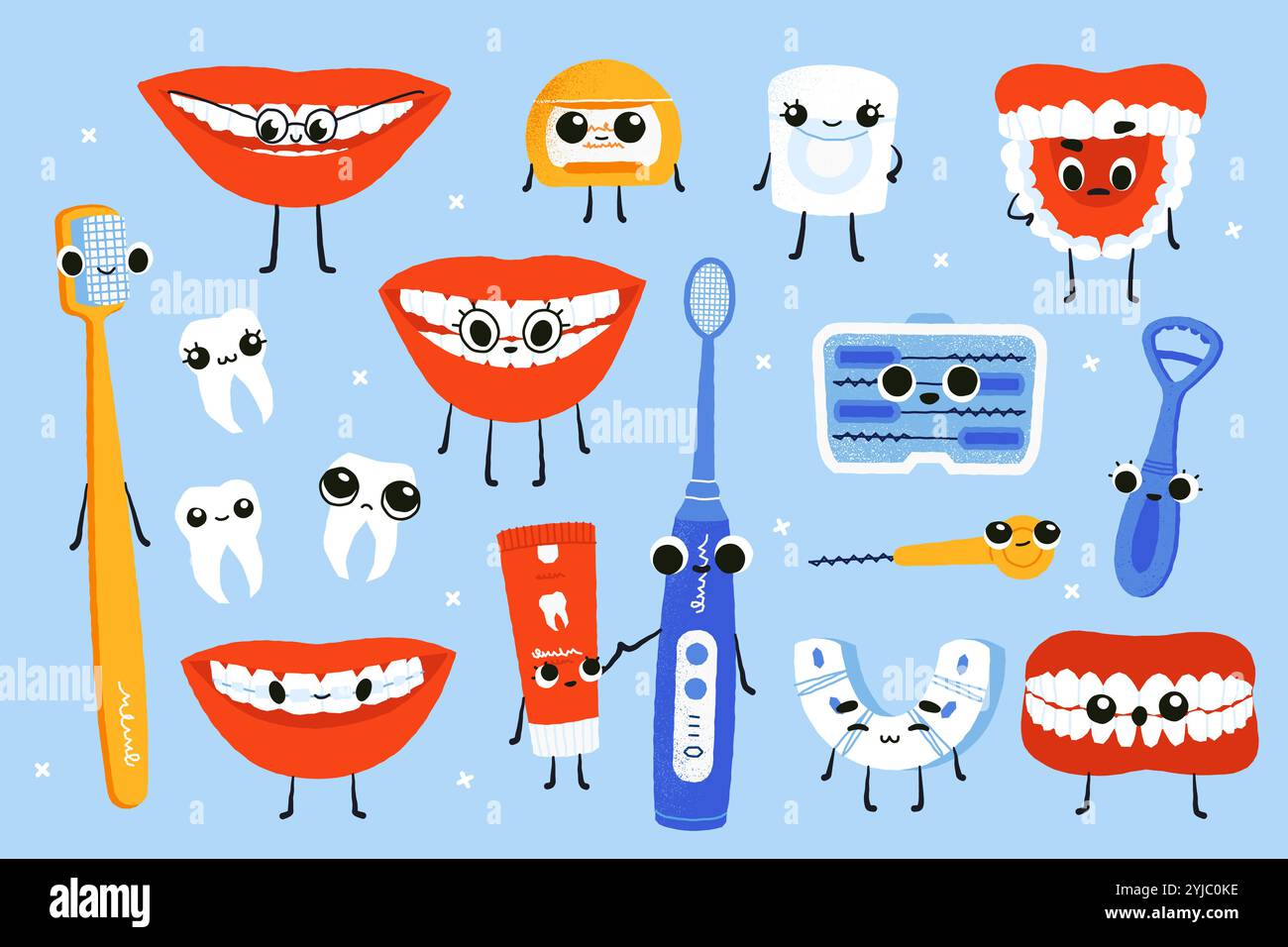 Personnages de dents mignonnes. Dent de dessin animé avec brosse à dents dentifrice dentifrice fil dentaire rince-bouche avec des émotions drôles, hygiène buccale et concept de soins de santé Illustration de Vecteur