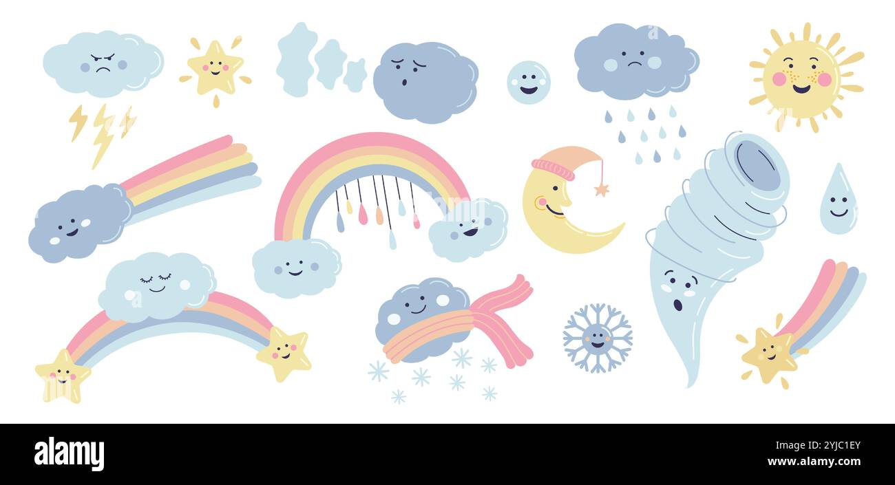 Personnages de dessins animés météo. Mignon nuage heureux et triste avec la pluie et le soleil, météorologie des icônes de prévisions météorologiques avec différentes émotions. Vecteur isolé Illustration de Vecteur