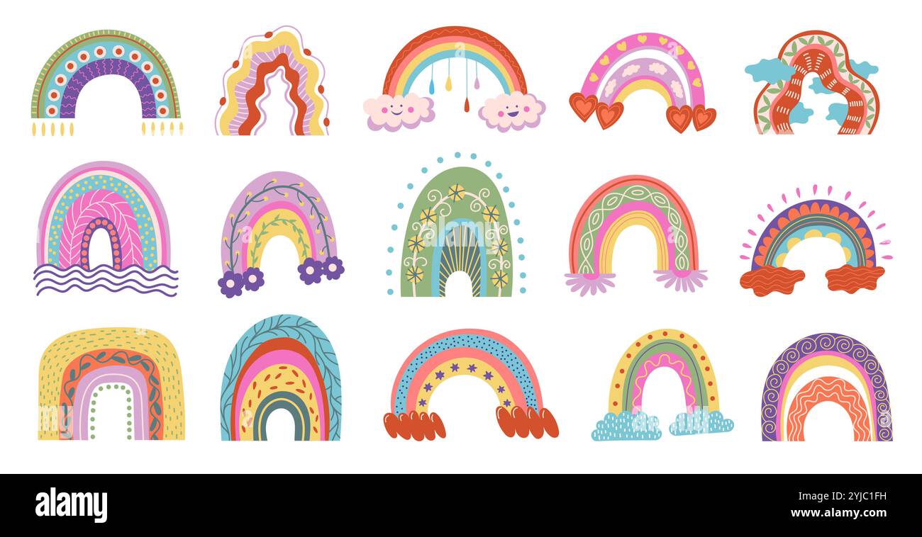 Arcs-en-ciel colorés mignons. Ciel magique de bande dessinée avec des nuages et des étoiles, prévisions météorologiques de fantaisie enfantine éléments décoratifs. Ensemble isolé de vecteur Illustration de Vecteur