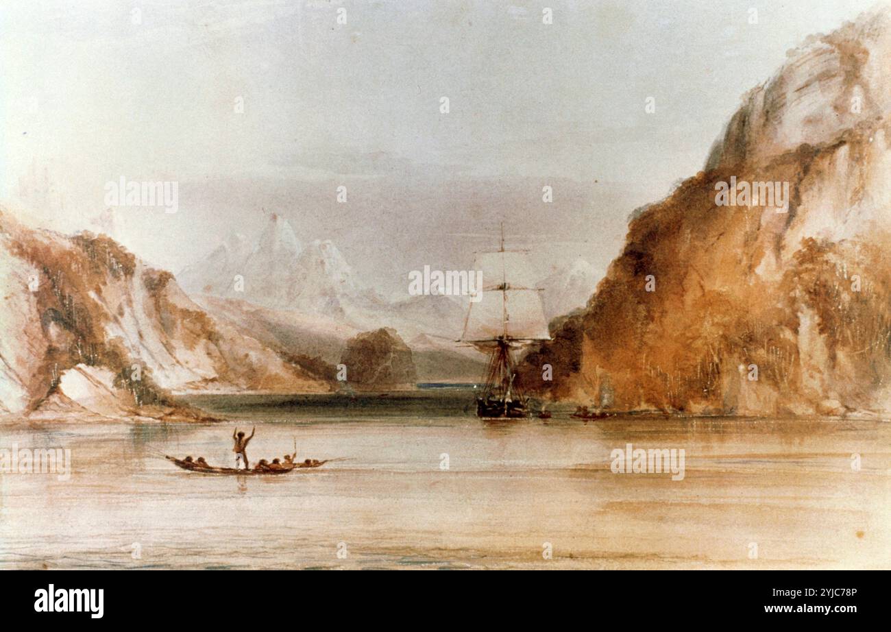 Beagle dans Ponsonby Sound. MUSÉE : NATIONAL MARITIME MUSEUM, GREENWICH, ROYAUME-UNI. Auteur : CONRAD MARTENS. CHARLES DARWIN. Banque D'Images