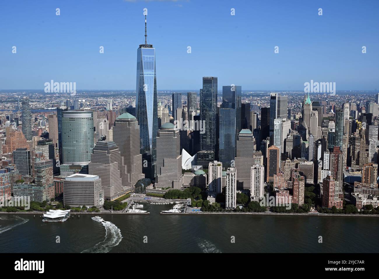 Vue aérienne du One World Trade Center et du Lower Manhattan Banque D'Images