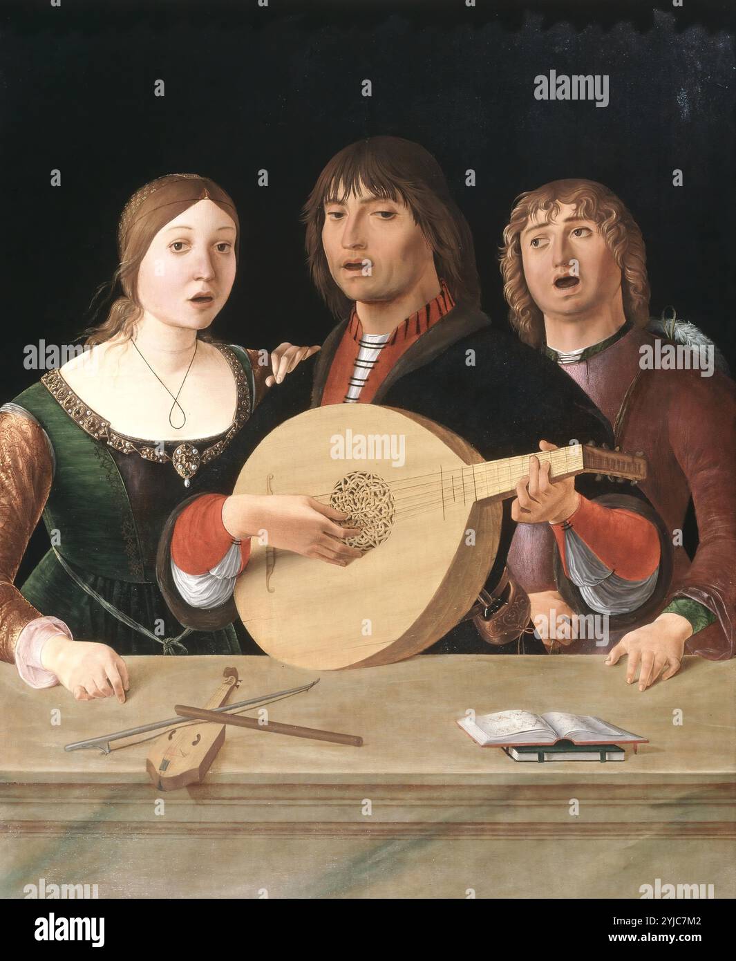Un concert, CA.1485-95, huile sur toile. 95,3cm x 75, 6cm. MUSÉE : NATIONAL GALLERY, LONDRES, ROYAUME-UNI. Auteur : LORENZO COSTA. Banque D'Images