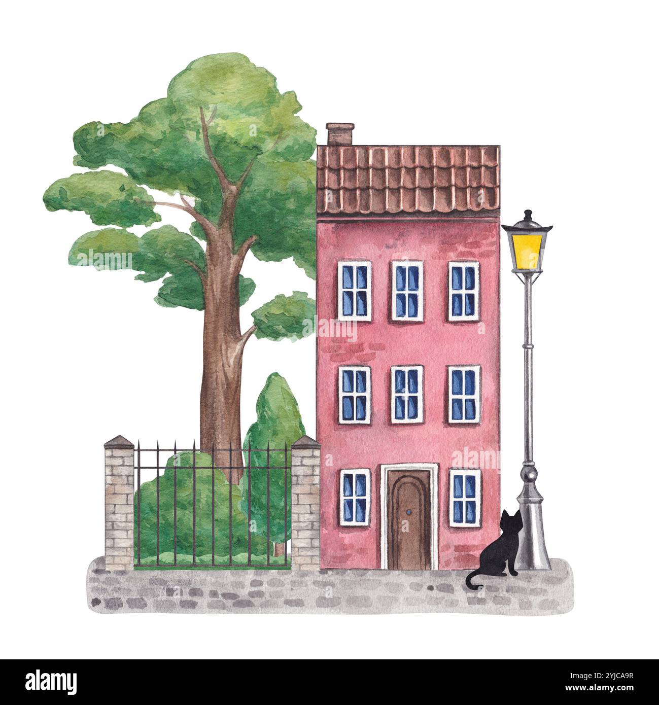 Maison européenne rose avec jardin et arbre. Aquarelle illustration dessinée à la main de chalet mignon. Clipart sur fond blanc sur ville, rue, architectur Banque D'Images