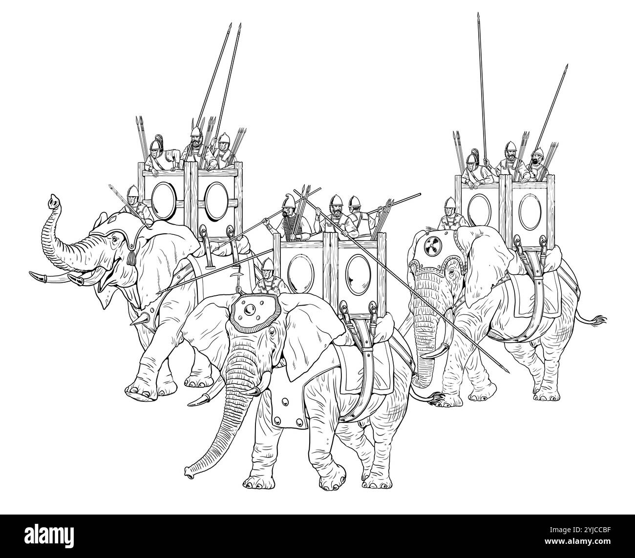 Attaque des éléphants de guerre. Ancien éléphant de guerre avec l'équipage. Tracé de contour pour la coloration. Banque D'Images