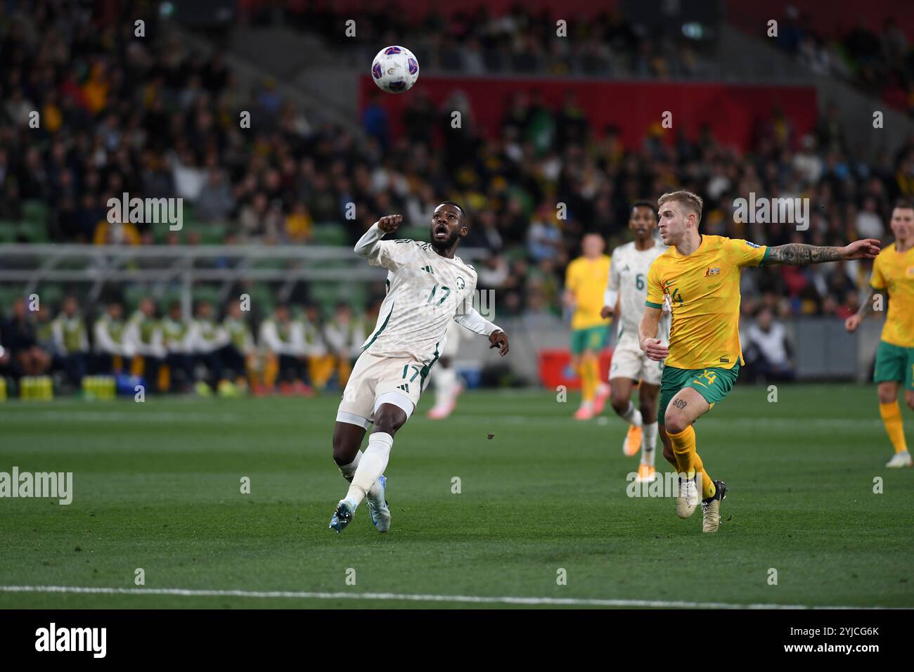 MELBOURNE, AUSTRALIE. 14 novembre 2024. Sur la photo : Hassan Tambakti d'Arabie Saoudite lors de la 3ème manche du Groupe C Australie vs Arabie Saoudite AFC World Cup Qualifiers au stade rectangulaire de Melbourne à AAMI Park le 14 novembre 2024. Crédit : Karl Phillipson/Alamy Live News Banque D'Images