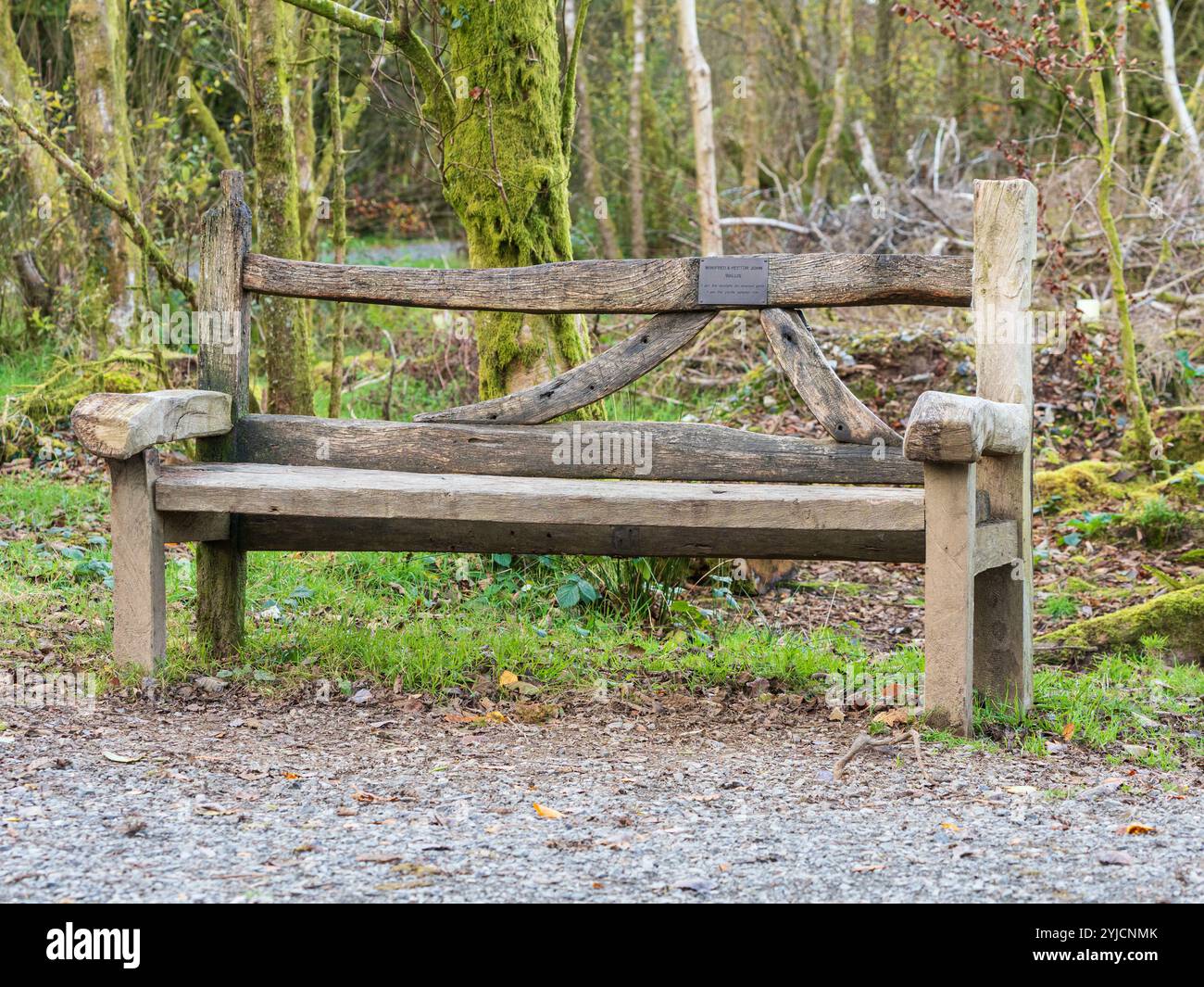 Banc commémoratif en bois rustique de bois récupéré dans la forêt de Norsworthy Arboretum, Burrator, Dartmoor, Devon, Royaume-Uni Banque D'Images