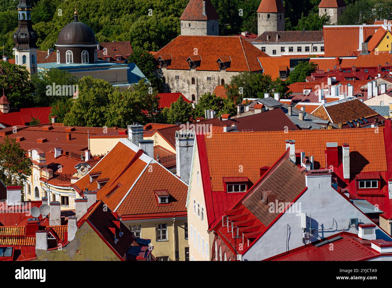 Maisons aux toits rouges et oranges dans le vieux Tallinn. Banque D'Images
