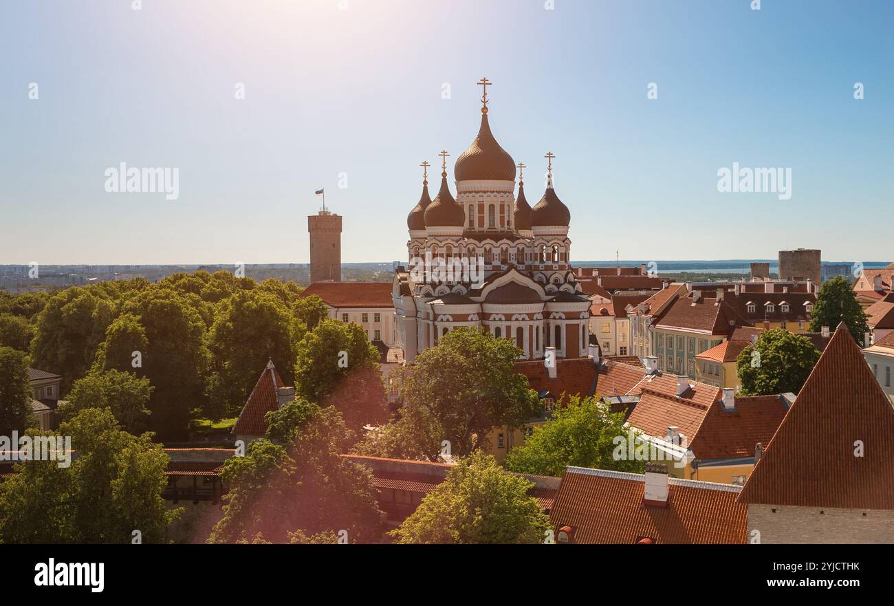 La partie supérieure du vieux Tallinn avec l'église Alexander Nevsky et le Pikk Hermann. Banque D'Images