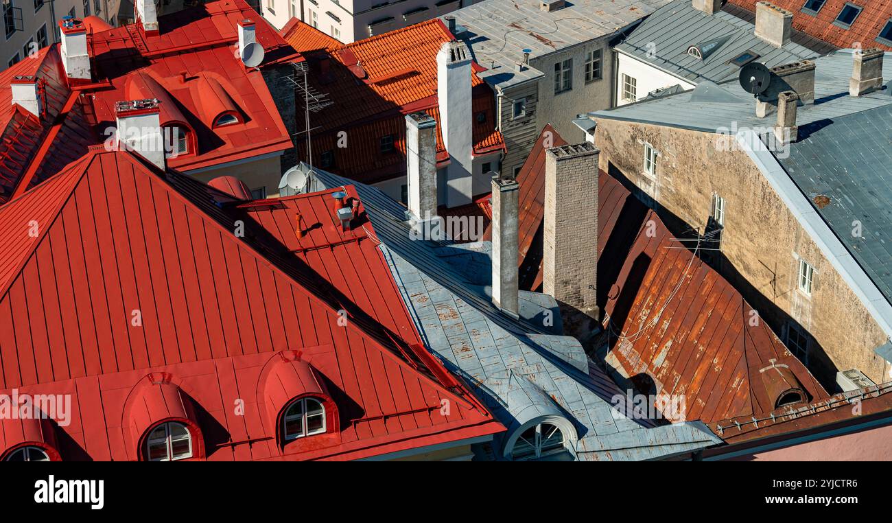 Maisons aux toits rouges et oranges dans le vieux Tallinn. Banque D'Images