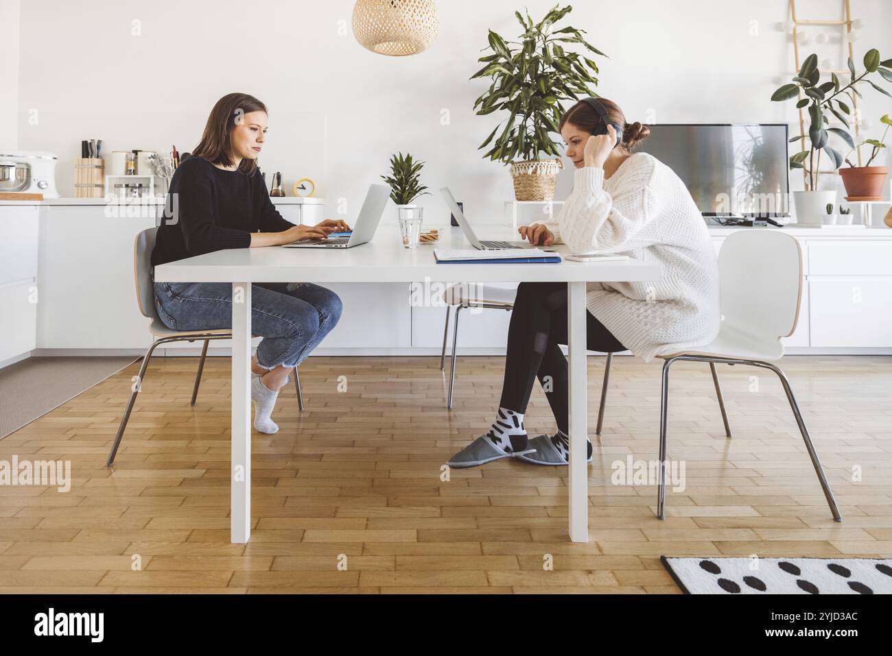 Deux jeunes étudiantes caucasiennes étudient à la maison dans leur appartement. Apprendre avec des amis sur le campus. Concept de sororité. Banque D'Images