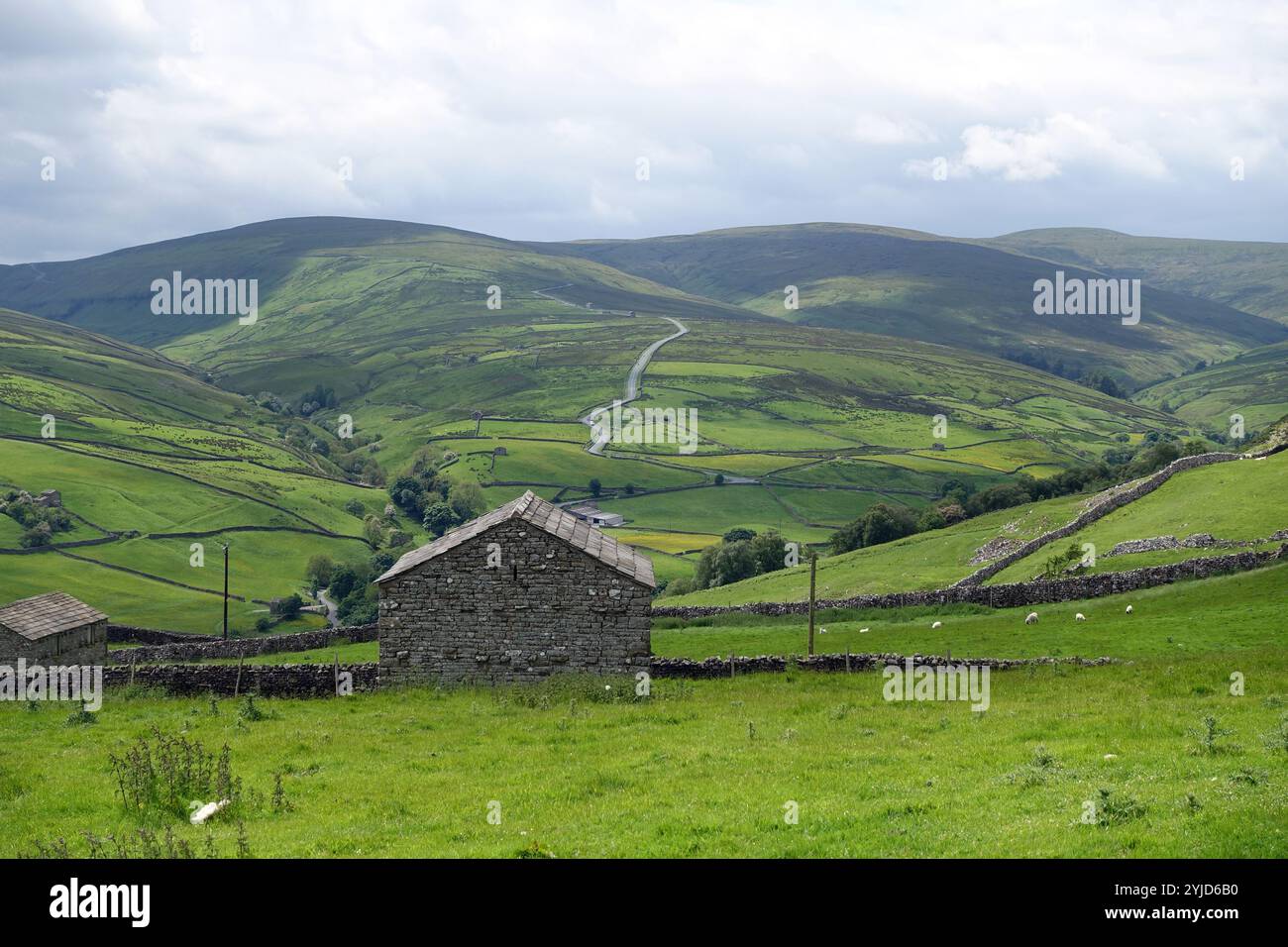 Old Stone Barn et Buttertubs Pass Road depuis Pennine Way Path près de Thwaite à Swaledale, dans le parc national des Yorkshire Dales. Angleterre. ROYAUME-UNI. Banque D'Images