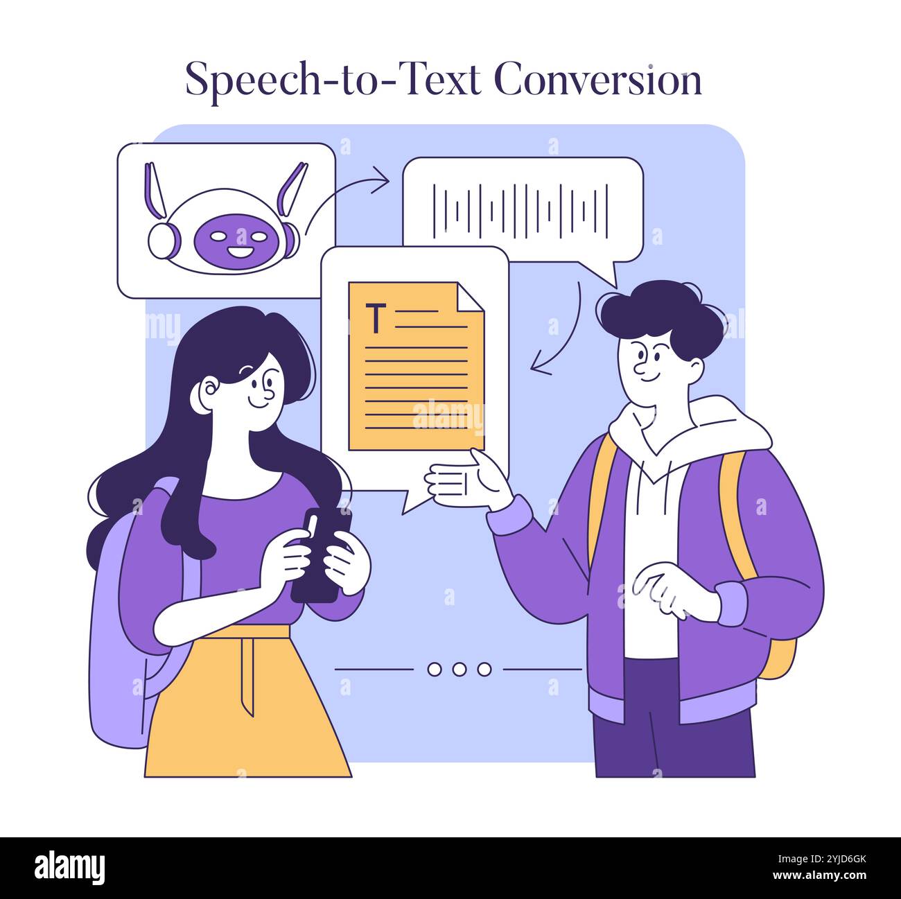 Concept de conversion voix-texte AI. Illustration de personnes interagissant avec une IA, montrant une voix transformée en texte écrit. La technologie d'assistance dans la communication. Illustration vectorielle. Illustration de Vecteur