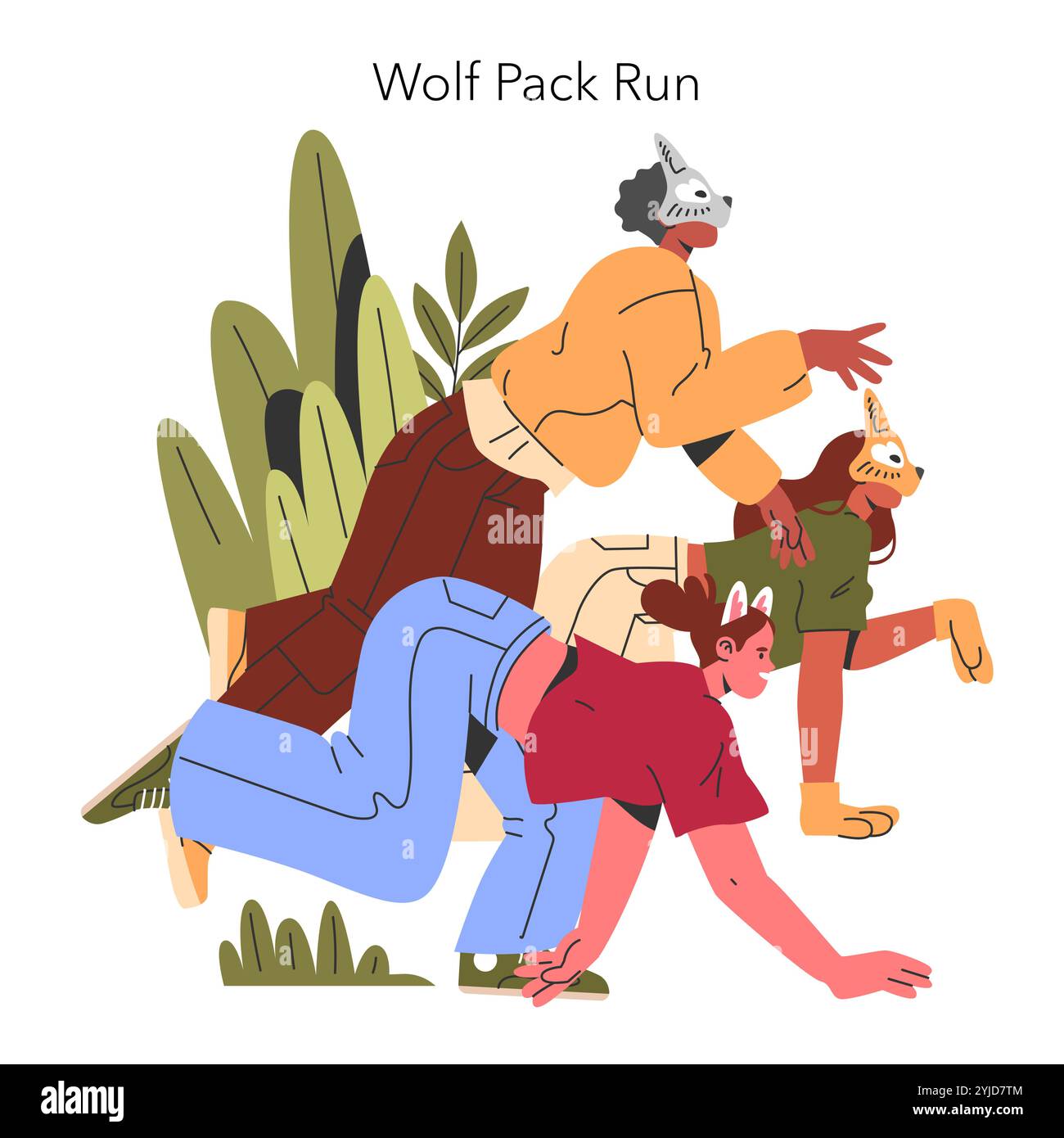 Des personnes portant des masques de loup courent de manière ludique, incarnant l'esprit d'un meute de loup dans un environnement extérieur stylisé. Illustration vectorielle. Illustration de Vecteur
