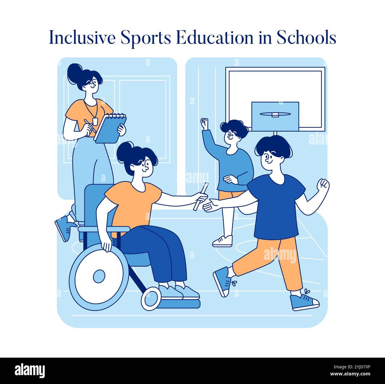 Concept d'éducation sportive inclusive. Les élèves handicapés participent à l'athlétisme scolaire car un entraîneur les encourage. Accessibilité et esprit d'équipe. Illustration vectorielle. Illustration de Vecteur