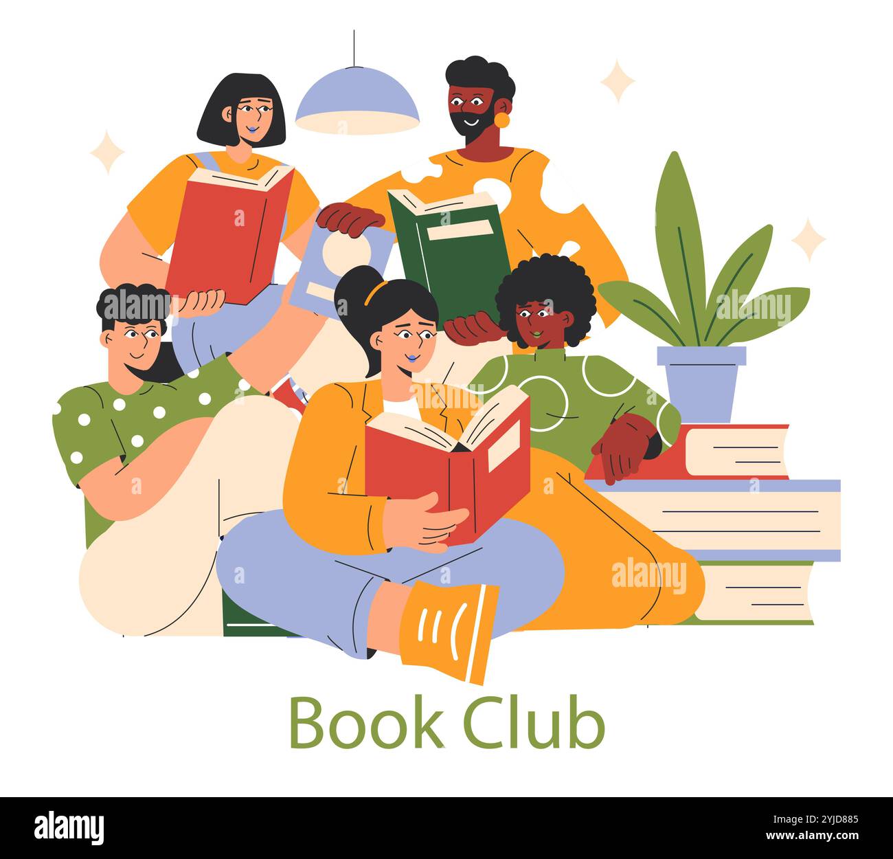 Une illustration colorée d'amis dans un club de lecture animé, partageant des histoires et des rires dans leur rassemblement décontracté Illustration de Vecteur