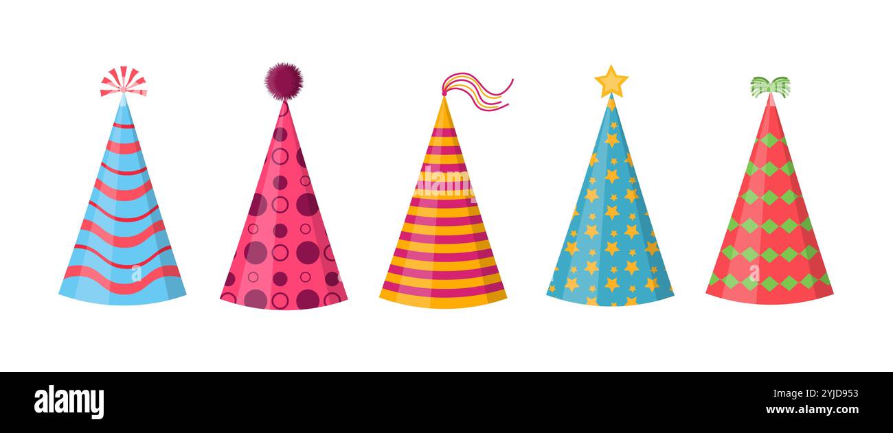 Ensemble de casquettes d'anniversaire dans différentes couleurs et avec différents motifs Banque D'Images