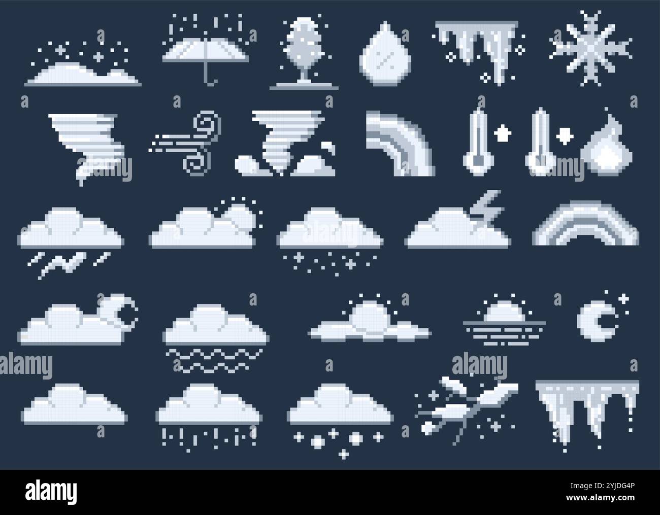 Symboles météo 8 bits. Icônes météo de jeu rétro, pluie et neige de nuage de soleil, prévisions météorologiques et indicateur climatique. Ensemble isolé de vecteur Illustration de Vecteur