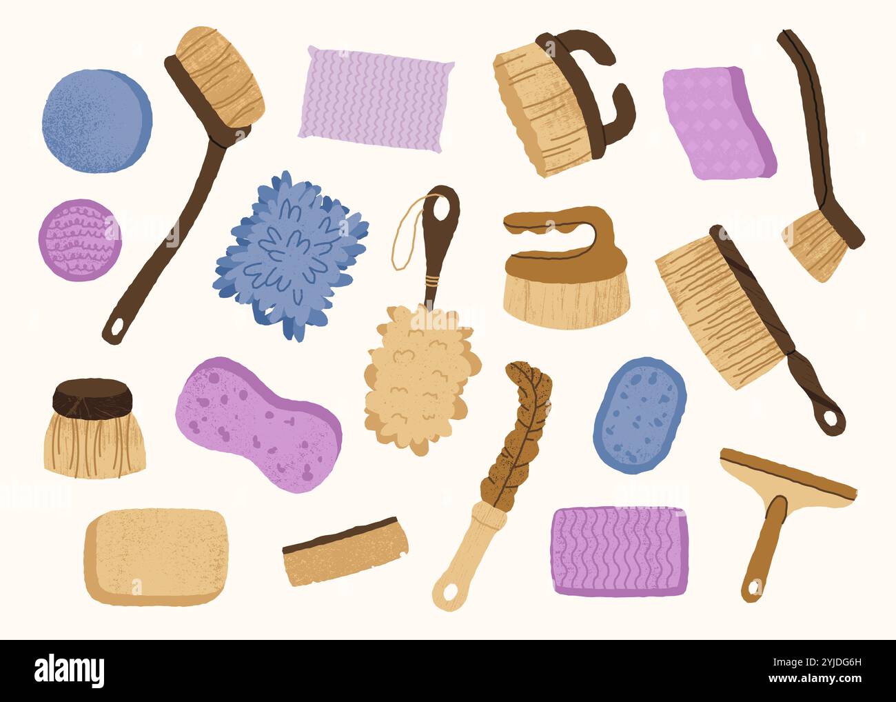 Les outils de nettoyage brossent les éponges. Matériel de lavage pour la maison et le bureau, brosses, balai et éponge pour le nettoyage, fournitures de ménage. Ensemble isolé de vecteur Illustration de Vecteur