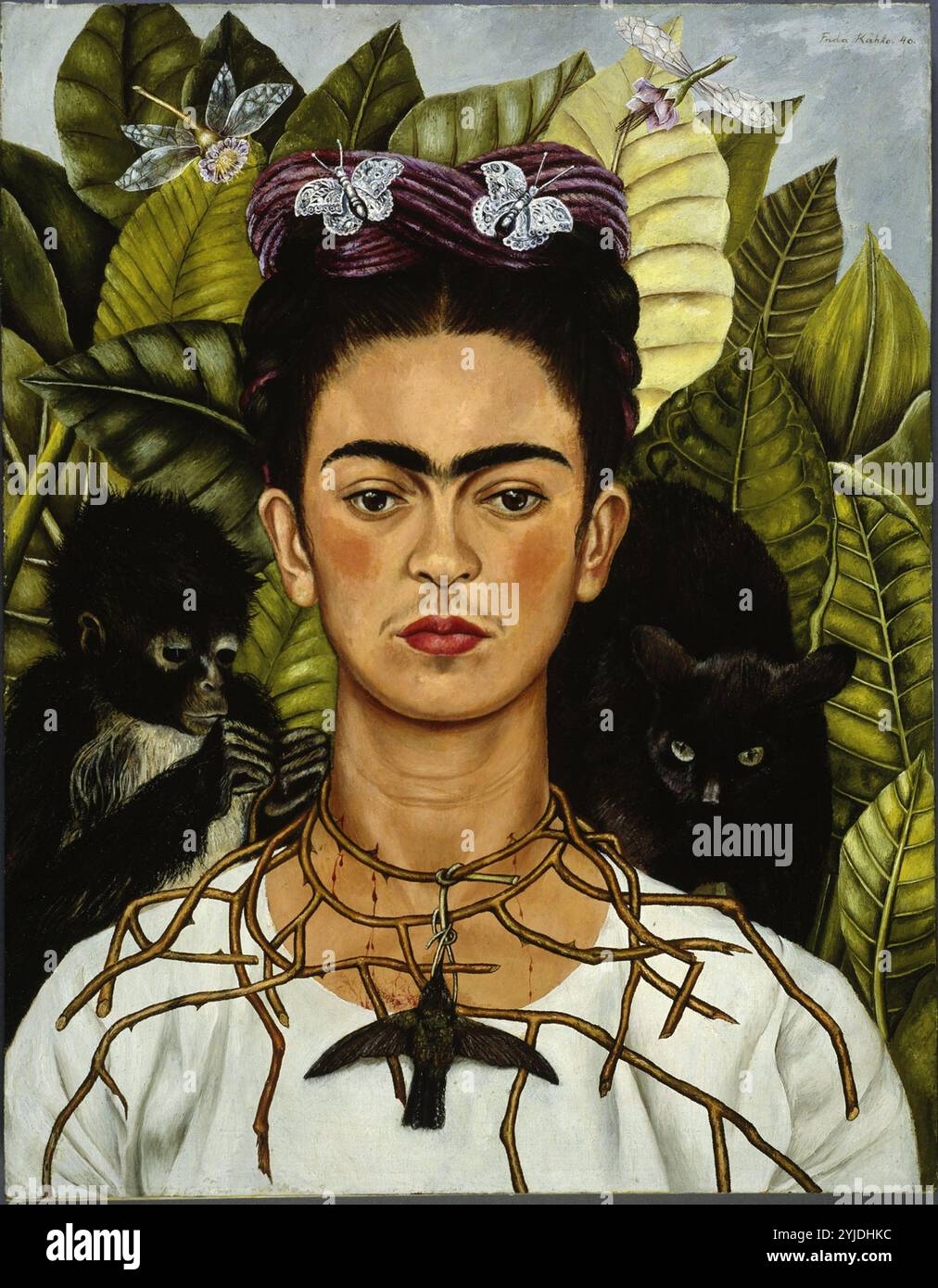 Autoportrait avec collier d'épine et colibri. Musée : Harry Ransom Center, Texas. Auteur : FRIDA KAHLO. Banque D'Images