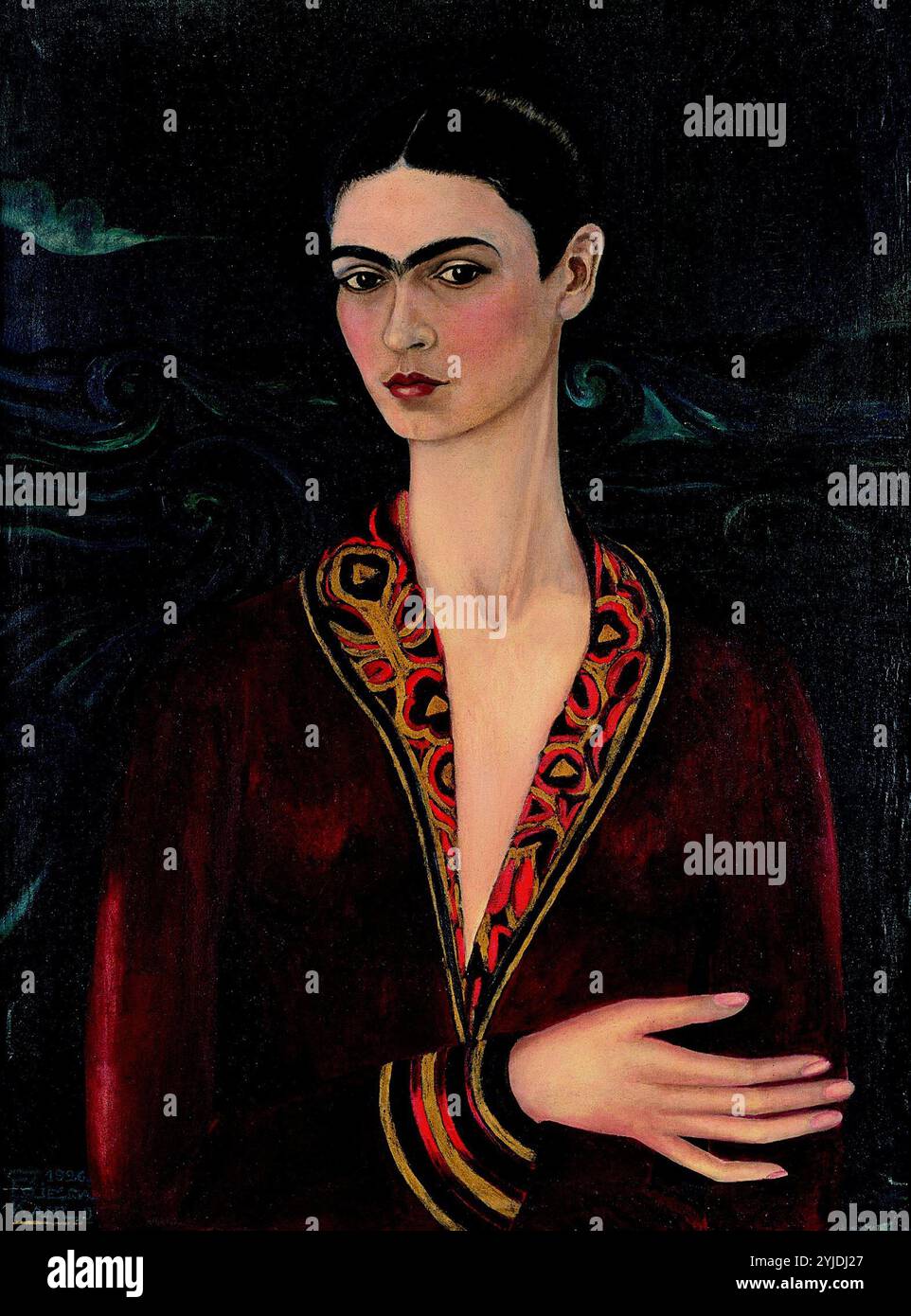 Autoportrait portant une robe en velours. Musée : COLLECTION PRIVÉE. Auteur : FRIDA KAHLO. Banque D'Images