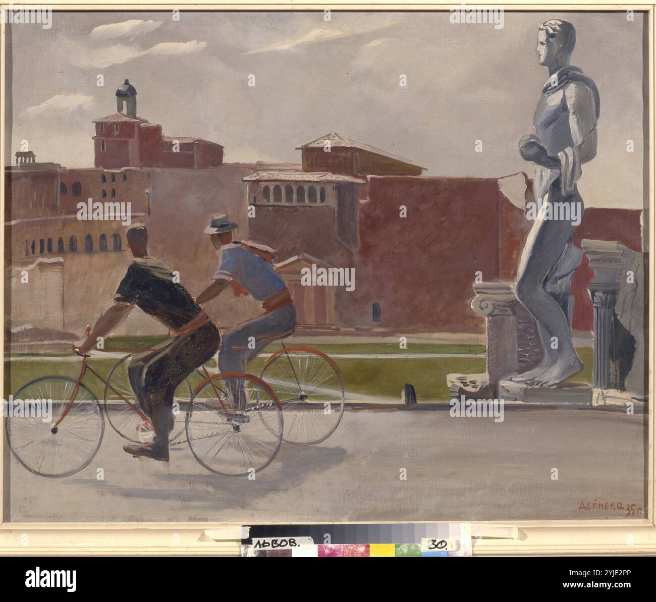 Les travailleurs italiens voyagent à vélo. Musée : State Art Gallery, Lviv. Auteur : Alexander Alexandrovich Deineka. Copyright : cette œuvre n'est pas dans le domaine public. Il est de votre responsabilité d'obtenir toutes les autorisations de tiers nécessaires auprès du gestionnaire de droits d'auteur dans votre pays avant la publication. Banque D'Images