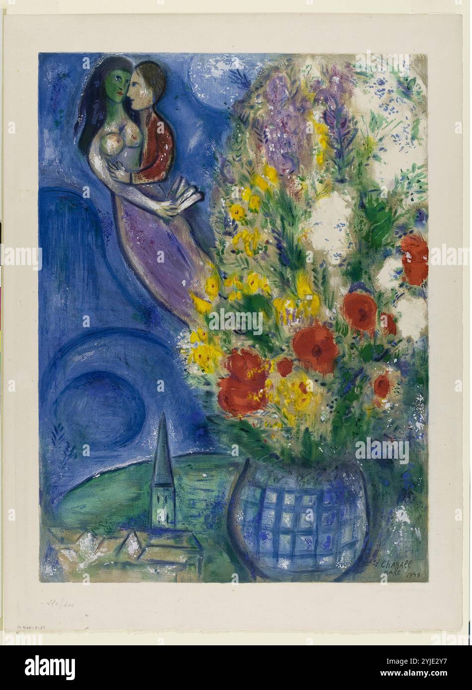 Couple aimant avec des fleurs. Musée : Musée d'Israël, Jérusalem. Auteur : MARC CHAGALL. Copyright : cette œuvre n'est pas dans le domaine public. Il est de votre responsabilité d'obtenir toutes les autorisations de tiers nécessaires auprès du gestionnaire de droits d'auteur dans votre pays avant la publication. Banque D'Images