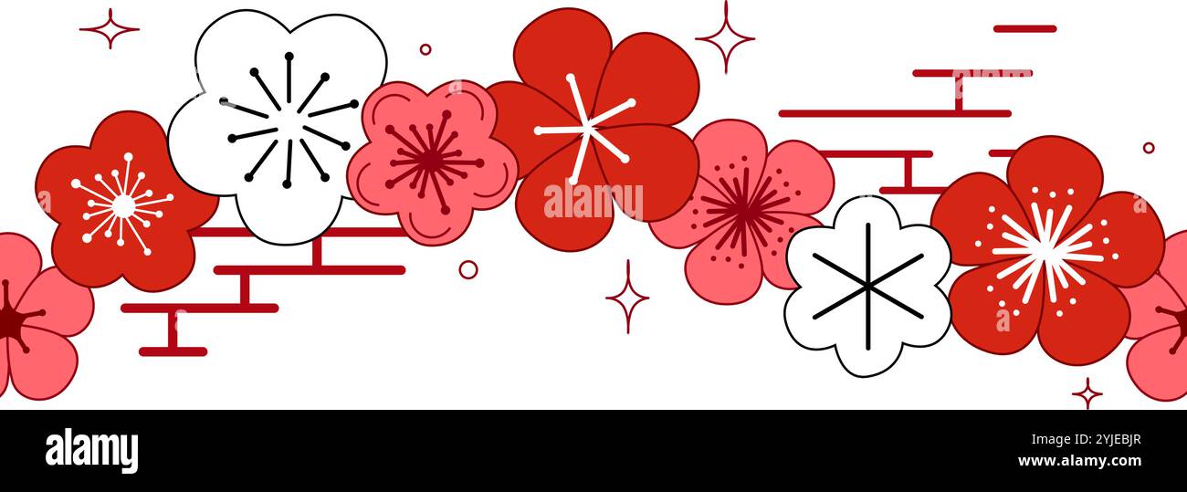 Bordure sans couture de fleur de sakura graphique, motif horizontal. Fond avec des branches de cerisier en fleurs. Fleurs japonaises dessinées à la main sur backgro blanc Illustration de Vecteur