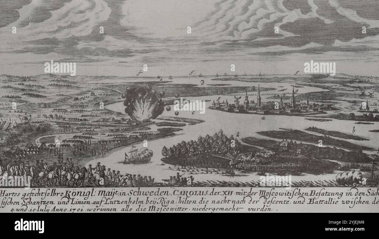 Grande guerre du Nord (1700-1721). Conflits qui ont eu lieu pour la suprématie dans la mer Baltique. La rivalité entre la Suède, dominante en Europe du Nord, et la Russie, le Danemark-Norvège et la République des deux Nations a amené ces trois états, avec la Saxe, à former une coalition anti-suédoise en 1700. Bataille de Daugava ou bataille de Spilve (9 juillet 1701). L'armée du roi Charles XII de Suède attaqua les fortifications de Lucavsala de l'autre côté de la rivière Daugava, battant les Russes. Le texte de la gravure dit : «une bataille acharnée dans laquelle le roi suédois Charles XII a vaincu les Moscovites, qui Banque D'Images