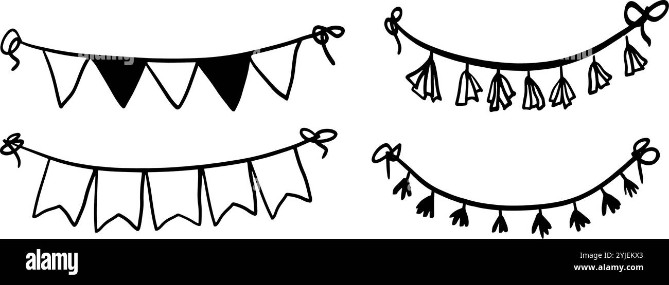 Ensemble de drapeaux à bandoulière noir et blanc | Doodle minimaliste pour les motifs de fête et de décoration Illustration de Vecteur