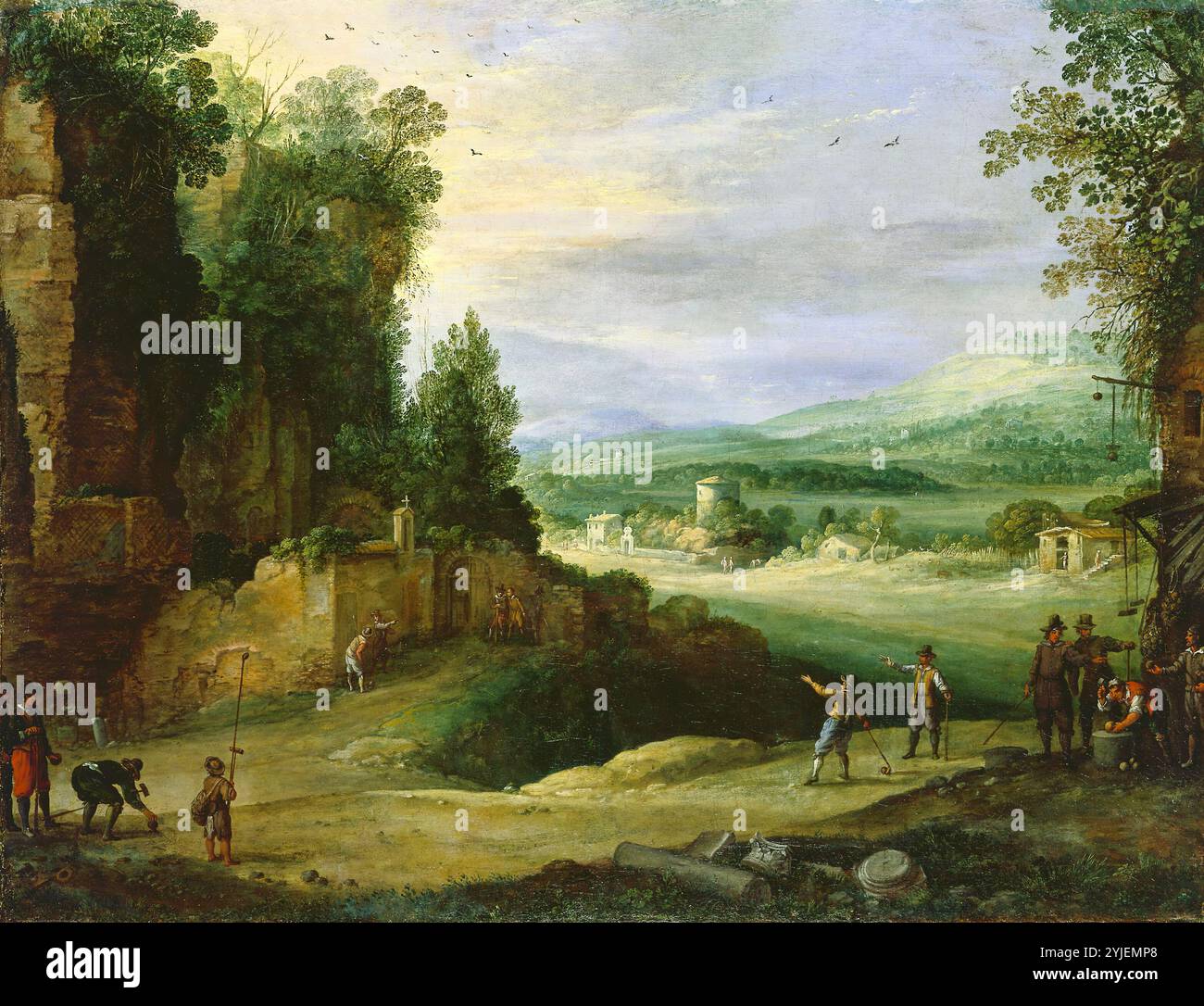 Paysage avec des hommes jouant "mail à la chicane". Paul Bril. 1624. Banque D'Images