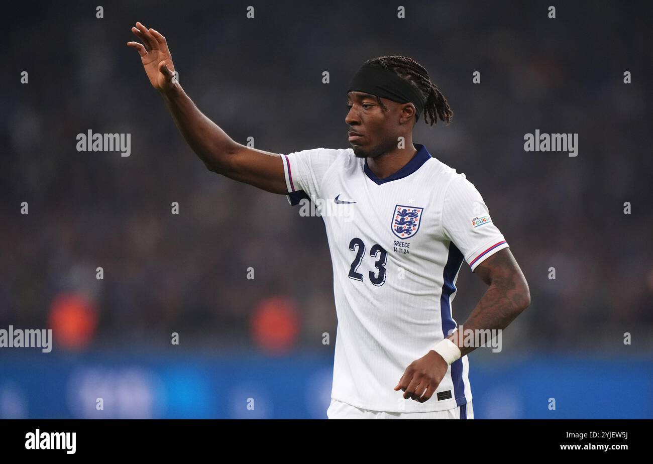 L'anglaise Noni Madueke lors du match du Groupe B2 de l'UEFA Nations League au stade olympique d'Athènes en Grèce. Date de la photo : jeudi 14 novembre 2024. Banque D'Images