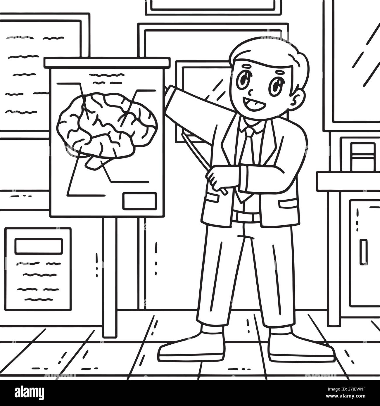 Médecin neurologue avec page de coloration de modèle de cerveau Illustration de Vecteur