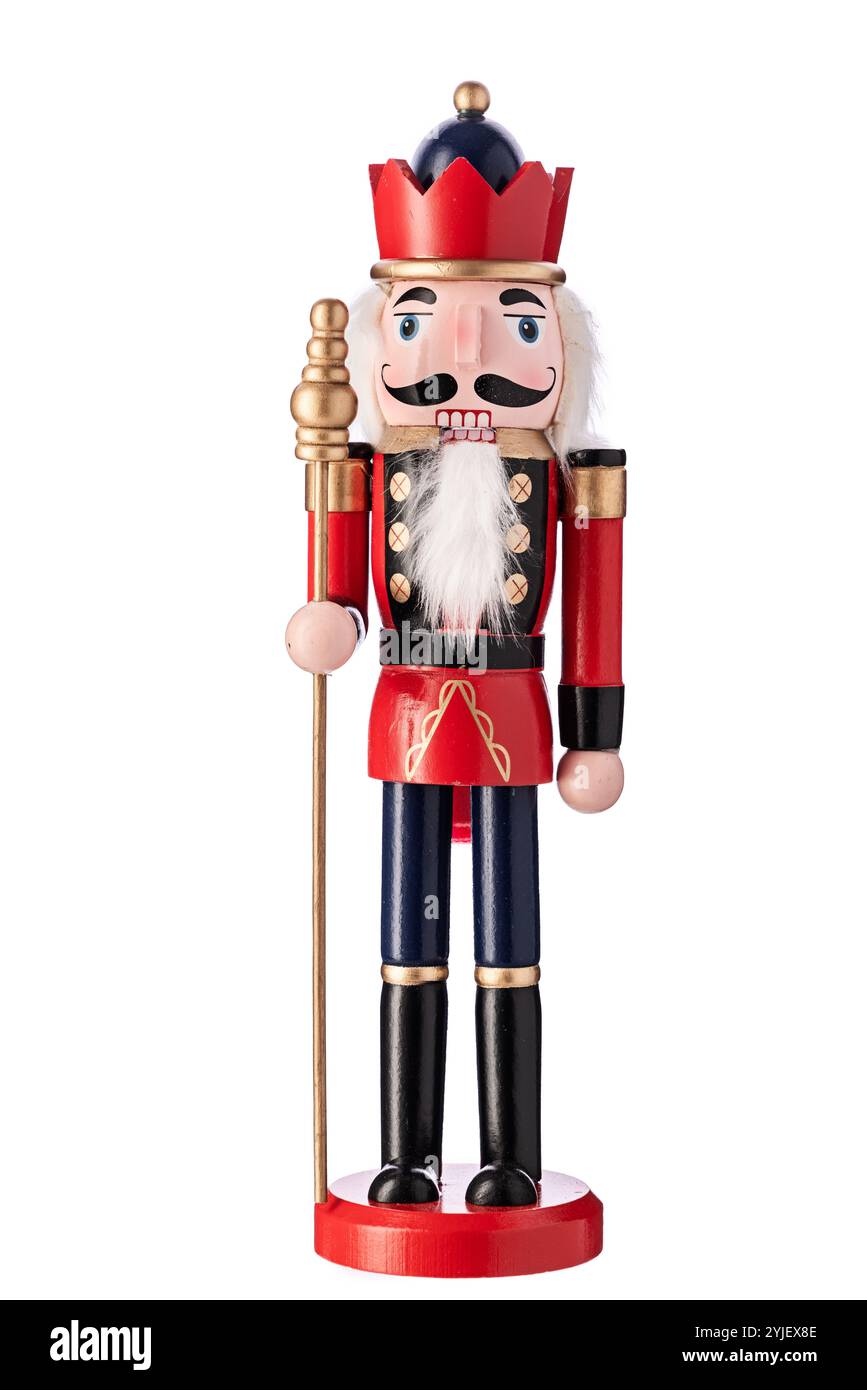 Casse-noisette soldat de Noël sur fond blanc, figurine jouet Banque D'Images