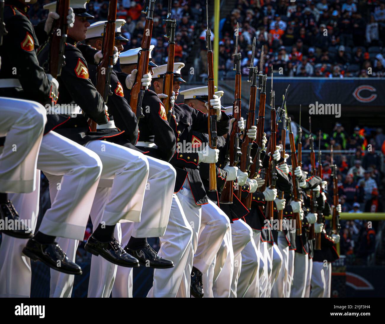 Les Marines avec le U.S. Marine corps Silent Drill Platoon exécutent la séquence « longue ligne » lors d'un spectacle de mi-temps au match de football des Chicago Bears vs New England Patriots au Soldier Field à Chicago, Ill., le 10 novembre 2024. Au cours du mois de novembre, la National Football League honore les militaires avec des matchs Salute to Service du Silent Drill Platoon joués devant des dizaines de milliers de spectateurs aux Bears de Chicago contre les Patriots de la Nouvelle-Angleterre. (Photo du corps des Marines des États-Unis par le caporal Iyer P. Ramakrishna) Banque D'Images