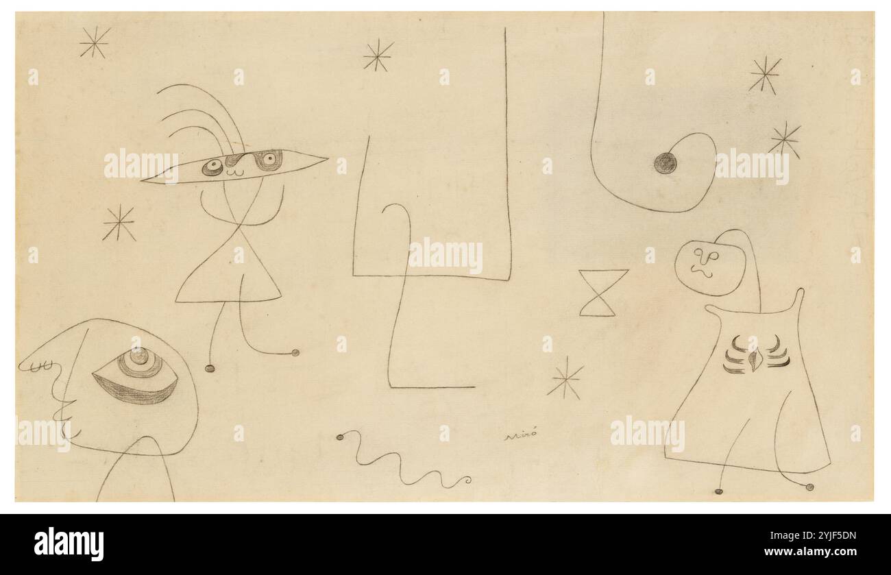 Miró, Joan / 'Les chiffres et les animaux dans un paysage", 1942, crayon sur papier, 27 x 47,5 cm. Banque D'Images