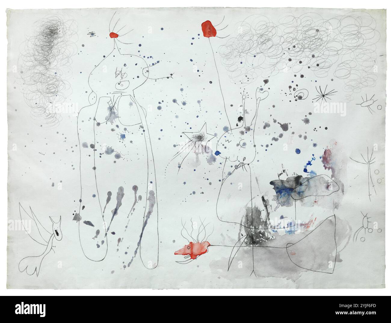 Miró, Joan / "Deux femmes, arbre, oiseau, étoile', 1938 Aquarelle, encre et crayon sur papier, 56 x 76 cm. Banque D'Images