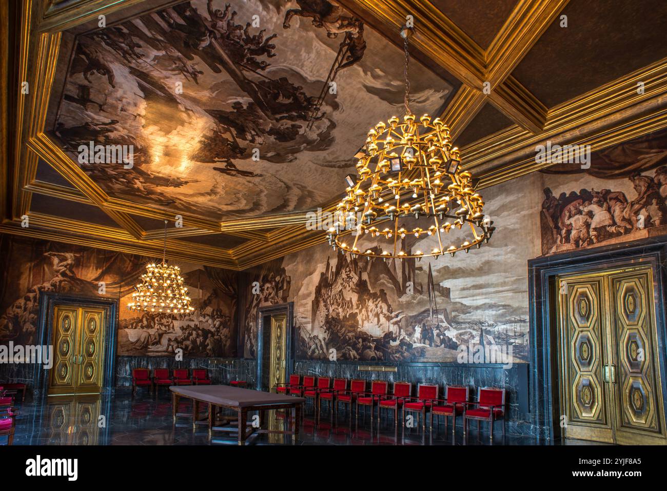 Josep Maria Sert / Salle des chroniques avec ses peintures murales, Conseil de la ville de Barcelone. Banque D'Images