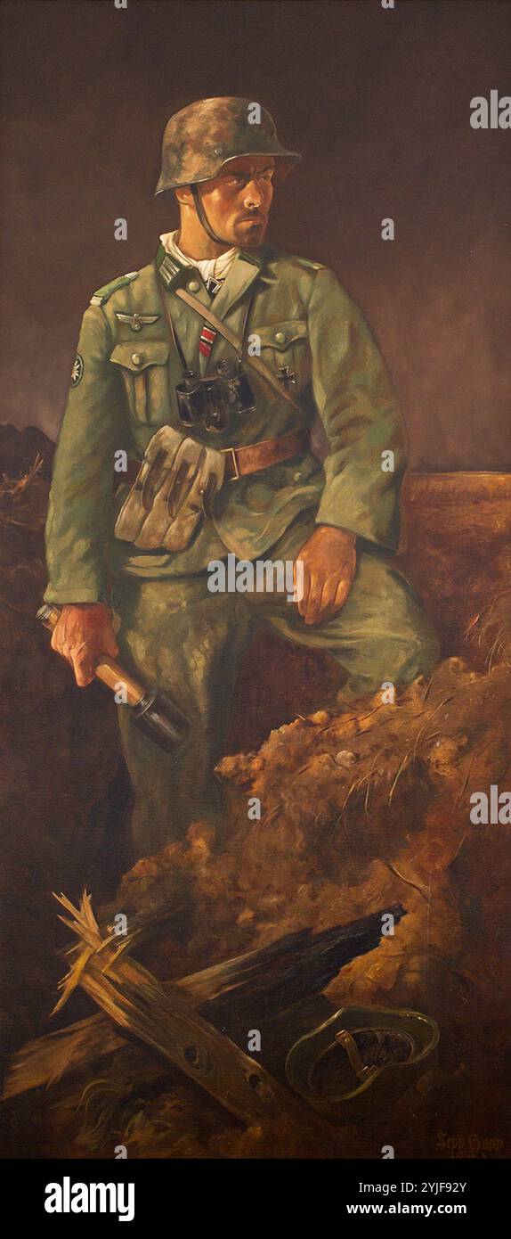 Surtout se dresse notre infanterie (partie gauche d'un triptyque). Musée : Galerie d'art allemande. Auteur : Sepp Happ. Copyright : cette œuvre n'est pas dans le domaine public. Il est de votre responsabilité d'obtenir toutes les autorisations de tiers nécessaires auprès du gestionnaire de droits d'auteur dans votre pays avant la publication. Banque D'Images