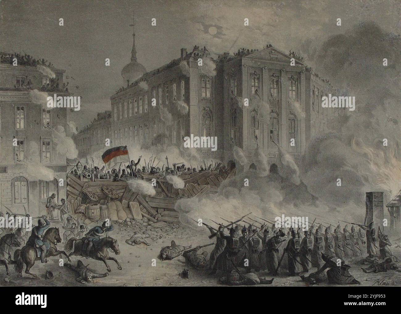 Combats de barricades sur l'Alexanderplatz à Berlin dans la nuit du 18 au 19 mars 1848. Musée : Bibliothèque historique d'État russe, Moscou. Auteur : ANONYME. Copyright : cette œuvre n'est pas dans le domaine public. Il est de votre responsabilité d'obtenir toutes les autorisations de tiers nécessaires auprès du gestionnaire de droits d'auteur dans votre pays avant la publication. Banque D'Images