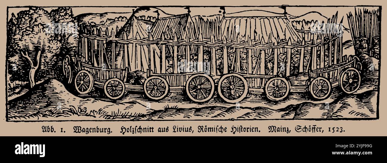 Le fort de Wagon (de Titus Livius 'Roemische Historien', Johann Schoeffer, Mayence). Musée : COLLECTION PRIVÉE. Auteur : ANONYME. Copyright : cette œuvre n'est pas dans le domaine public. Il est de votre responsabilité d'obtenir toutes les autorisations de tiers nécessaires auprès du gestionnaire de droits d'auteur dans votre pays avant la publication. Banque D'Images