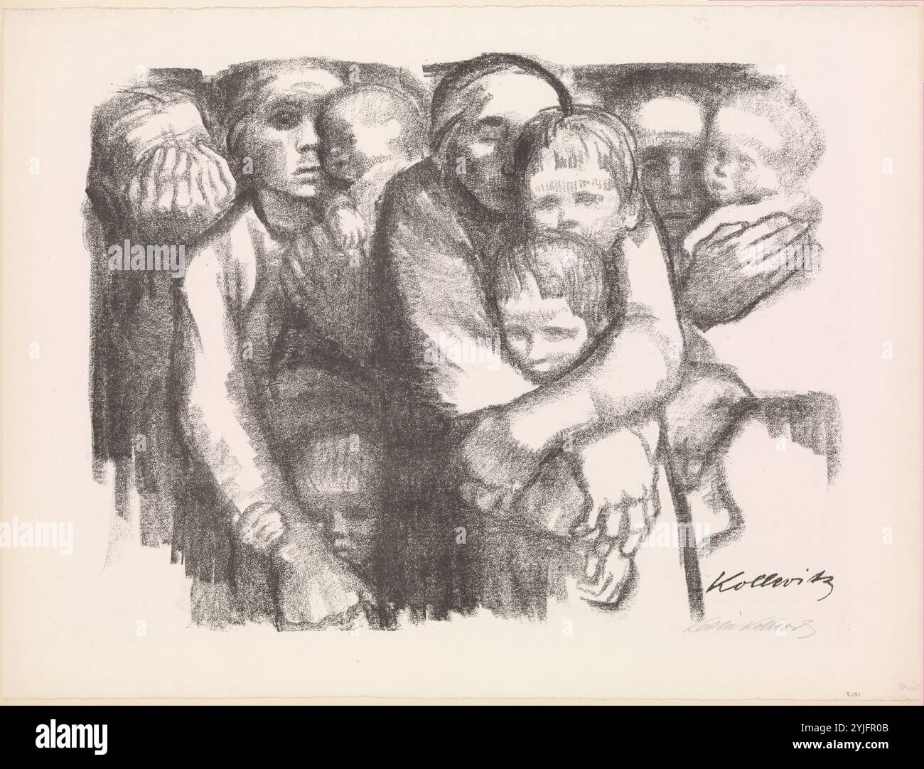 Mères (Mütter). Artiste : Käthe Kollwitz (allemand, Kaliningrad (Königsberg) 1867-1945 Moritzburg). Dimensions : feuille : 20 3/4 x 27 5/8 po. (52,7 x 70,1 cm) image : 17 3/16 x 22 11/16 po. (43,6 x 57,7 cm). Editeur : Emil Richter, Dresden. Date : 1919. Évitant les récits historiques et les compositions détaillées de ses œuvres antérieures, Kollwitz a créé des estampes qui sont devenues des images emblématiques de deuil et de traumatisme. Chez les mères, les femmes et les enfants de différents âges se blottissent ensemble, leurs corps liés formant une structure solide qui remplit la composition. Kollwitz s'est dessinée au centre, les yeux fermés et les bras W. Banque D'Images