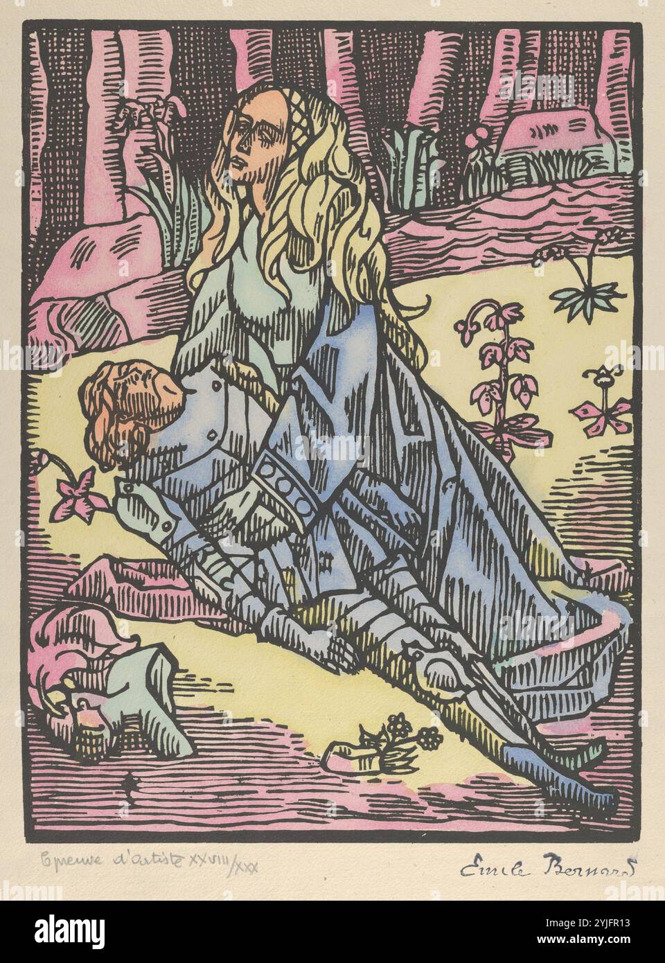 Mort du cavalier ou pleurs Brandemart (Roland Furieux). Artiste : Émile Bernard (français, Lille 1868-1941 Paris). Dimensions : plaque : 15 3/4 × 11 13/16 po. (40 × 30 cm) feuille : 19 1/8 × 14 1/4 po. (48,5 × 36,2 cm). Date : 1892. Une des dix planches réalisées pour une éventuelle version illustrée du conte Roland Furieux, écrit par Arioste en 1516. Musée : Metropolitan Museum of Art, New York, États-Unis. Banque D'Images