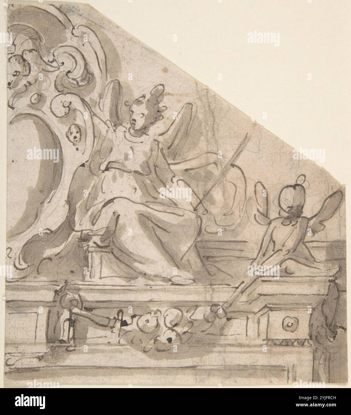 Fragment d'un dessin pour un Overdoor avec Ange assis soutenant cartouche, et Putto assis tenant guirlande (recto) ; fragments d'une cartouche? (verso). Artiste : anonyme, italien, romain-bolognais, XVIIe siècle. Dimensions : 5-7/8 x 5-5/16 po. (14,9 x 13,5 cm). Date : XVIIe siècle. Musée : Metropolitan Museum of Art, New York, États-Unis. Banque D'Images