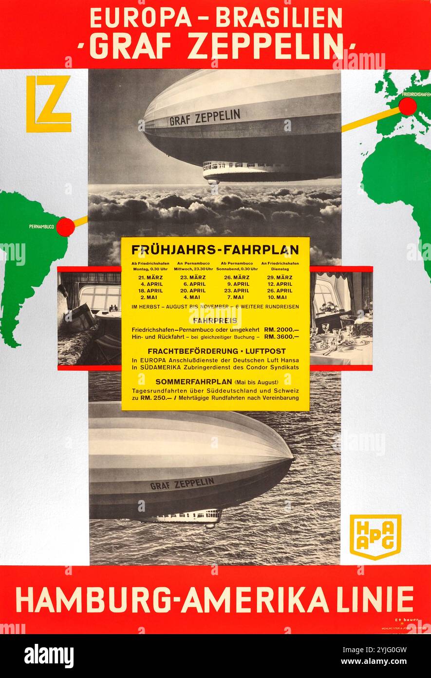 Europe - Brésil. Deutsche Zeppelin-Reederei (compagnie allemande de transport Zeppelin). Musée : COLLECTION PRIVÉE. Auteur : Paul Theodore Etbauer. Copyright : cette œuvre n'est pas dans le domaine public. Il est de votre responsabilité d'obtenir toutes les autorisations de tiers nécessaires auprès du gestionnaire de droits d'auteur dans votre pays avant la publication. Banque D'Images