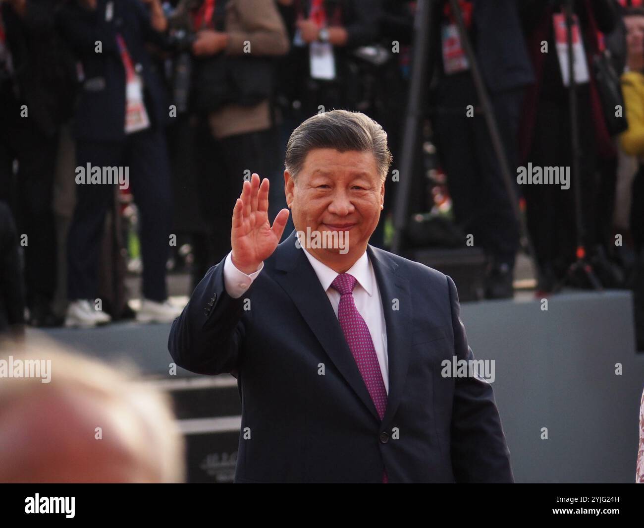 Lima, Pérou. 14 novembre 2024. XI Jinping, Président de la République populaire de Chine, en visite d'Etat au Pérou. Cette visite, dans le cadre de la semaine des leaders économiques de l’APEC Pérou 2024 (AELW), consiste en une rencontre entre chefs d’Etat, de nature protocolaire, avec la signature d’instruments bilatéraux et l’inauguration du mégaport de Chancay. Crédit : Agence de presse Fotoholica/Alamy Live News Banque D'Images