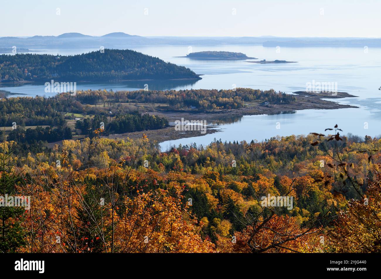 Feuillage automnal et vue de la baie Passamaquoddy près de la station Andrews, Nouveau-Brunswick, Canada, vue depuis le sentier Chamcook Mountain. Banque D'Images