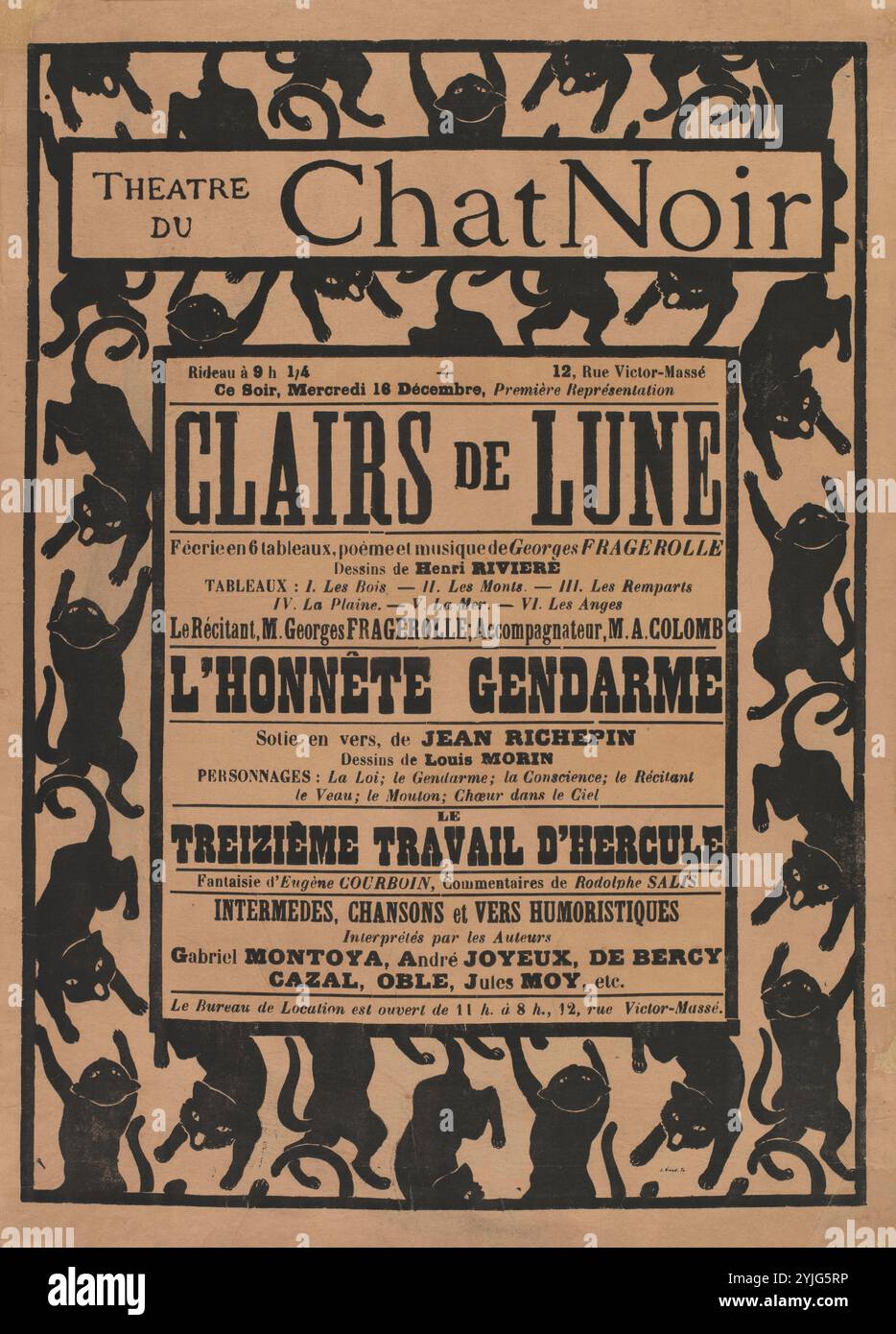 Affiche pour les représentations claires de lune de Georges Fragerolle, L'honnête gendarme de Jean Richepin et le treizième travail d'Hercule d'Eugène Courboin (le Chat Noir, 16 décembre 1896). Dimensions : 58,7 cm x 42,2 cm, 54,1 cm x 39,5 cm Musée : Musée Van Gogh, Amsterdam. Auteur : HENRI RIVIERE. Banque D'Images