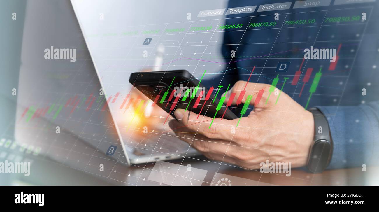 Les investisseurs utilisent des ordinateurs portables pour analyser le marché boursier, les stratégies d'investissement. et l'analyse de la croissance de l'entreprise, en investissant dans des entreprises à long terme compétitives Banque D'Images