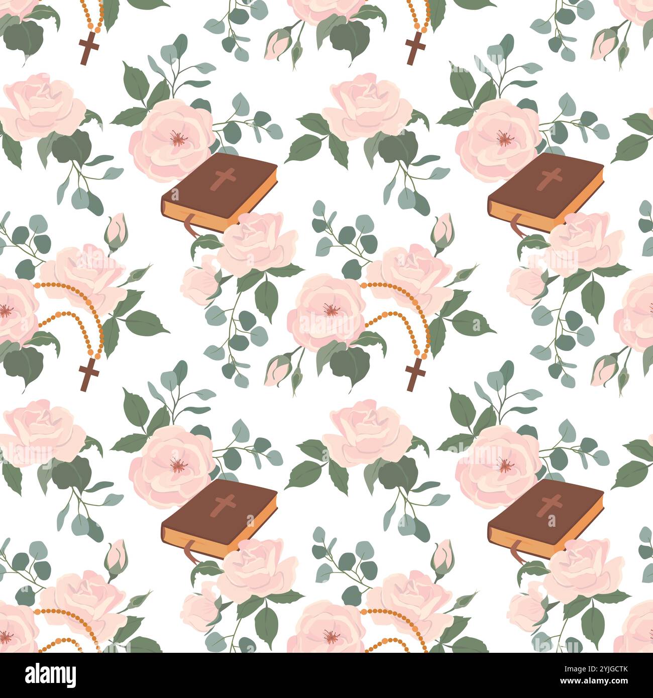 Fond vectoriel des premiers symboles de communion. Bible, chapelet, roses blanches et crucifix. Modèle sans couture avec des symboles chrétiens. Clipart pour les invitations de vacances. Illustration de Vecteur