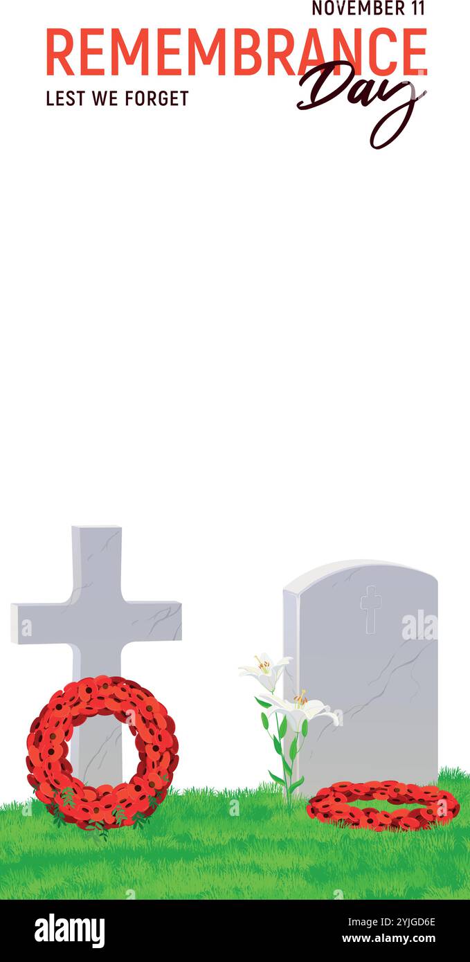 Bannière verticale pour ANZAC Day, le 25 avril 2025. Pierre tombale en marbre blanc et croix sur herbe verte, couronne de coquelicots rouges. Date commémorative en Australie et en Nouvelle-Zélande. Vecteur de style plat. Illustration de Vecteur